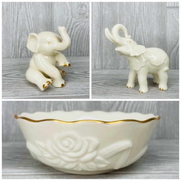 Rare Vintage Lenox Porcelain Elephant Figurines white gold figurine & bowl dish - Picture 1 of 16